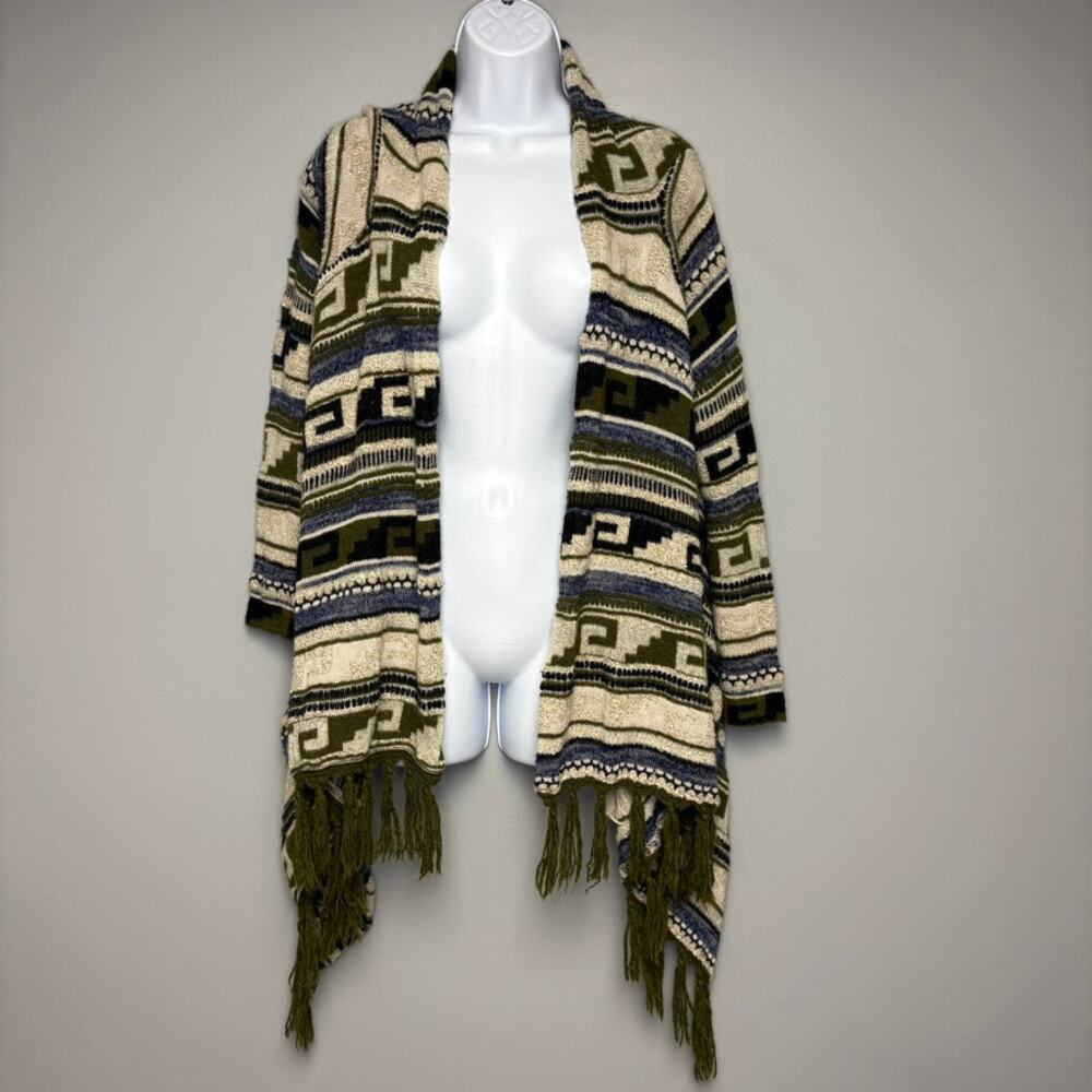 J. Jill Western Print Fringe Wool‎ Blend Lagenlook Open Sweater Womens Sz XS